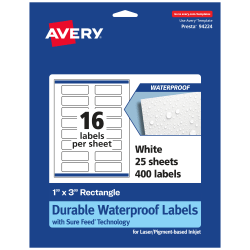 Avery® Waterproof Permanent Labels With Sure Feed®, 94224-WMF25, Rectangle, 1" x 3", White, Pack Of 400