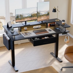 Bestier 58"W Electric Adjustable Height Standing Desk With Monitor Riser, Carbon Fiber Black