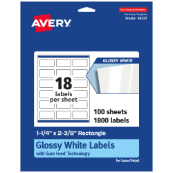 Avery® Glossy Permanent Labels With Sure Feed®, 94227-WGP100, Rectangle, 1-1/4" x 2-3/8", White, Pack Of 1,800