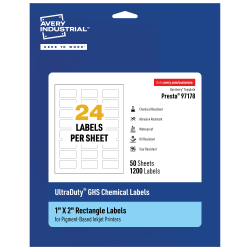 Avery® Ultra Duty® Permanent GHS Chemical Labels, 97178-WMUI50, Rectangle, 1" x 2", White, Pack Of 1,200