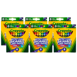 Crayola Ultra-Clean Washable Crayons, Large Size, Assorted Colors, 8 Crayons Per Box, Set Of 6 Boxes