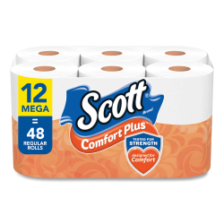 Scott® ComfortPlus Toilet Paper, Mega Roll, Septic Safe, 1-Ply, White, 425 Sheets/Roll, 12 Rolls/Pack