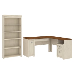 Bush Furniture Fairview 60"W L-Shaped Desk With 5-Shelf Bookcase, Antique White, Standard Delivery