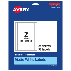 Avery® Permanent Labels, 94265-WMP25, Rectangle, 11" x 3", White, Pack Of 50