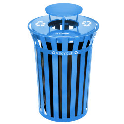 Alpine Industries Metal Slatted Outdoor Commercial Trash Can Receptacle With Rain Bonnet Lid And Liner, 38 Gallons, Blue