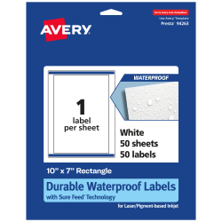 Avery® Waterproof Permanent Labels With Sure Feed®, 94263-WMF50, Rectangle, 10" x 7", White, Pack Of 50