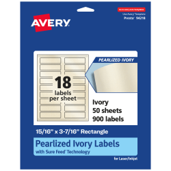 Avery® Pearlized Permanent Labels With Sure Feed®, 94218-PIP50, Rectangle, 15/16" x 3-7/16", Ivory, Pack Of 900 Labels