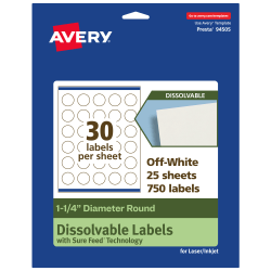 Avery® Print-to-the-Edge Dissolvable Labels With Sure Feed® Technology, 94505-DWMP25, Round, 1-1/4", Matte Off-White, Pack Of 750