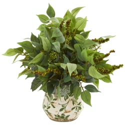 Nearly Natural Mixed Ficus, Fittonia and Berries 13"H Artificial Plant With Floral Vase, 13"H x 12"W x 12"D, Green/Multicolor