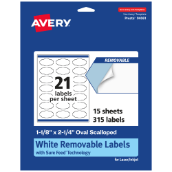 Avery® Removable Labels With Sure Feed®, 94061-RMP15, Oval Scalloped, 1-1/8" x 2-1/4", White, Pack Of 315 Labels