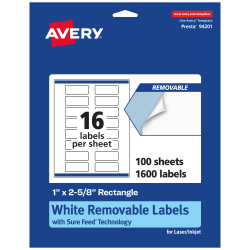 Avery® Removable Labels With Sure Feed®, 94201-RMP100, Rectangle, 1" x 2-5/8", White, Pack Of 1,600 Labels