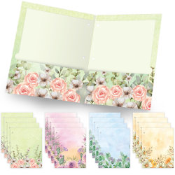 Global Deluxe Designer 3-Hole Punched 2-Pocket Folders, Letter Size, Letter Size, Assorted Watercolor Floral Patterns, Pack Of 16 Folders