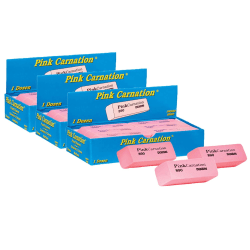 Dixon Medium Erasers, 2-5/16" x 13/16" x 7/17", Pink Carnation, Pack Of 12 Erasers, Set Of 3 Packs