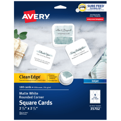 Avery® Clean Edge® Printable Square Cards With Sure Feed Technology & Rounded Corners, 2.5" x 2.5", White, 180 Blank Cards For Inkjet Printers