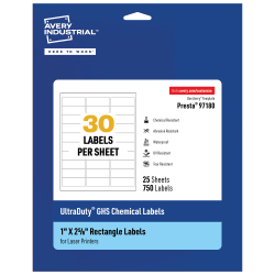 Avery® Ultra Duty® Permanent GHS Chemical Labels, 97180-WMU25, Rectangle, 1" x 2-5/8", White, Pack Of 750