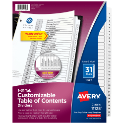 Avery® Ready Index® 1-31 Tab With Customizable Table Of Contents Dividers, Letter Size, 31 Tab, White, 1 Set