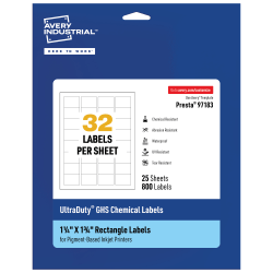 Avery® Ultra Duty® Permanent GHS Chemical Labels, 97183-WMUI25, Rectangle, 1-1/4" x 1-3/4", White, Pack Of 800