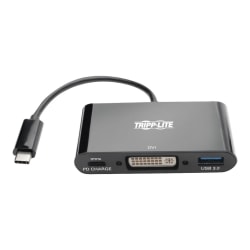 Tripp Lite USB C to DVI Adapter with USB-A Hub, Thunderbolt 3-1080p, PD Charging, Black, 6 in., USB Type C, USB-C, USB Type-C - Docking station - USB-C - DVI