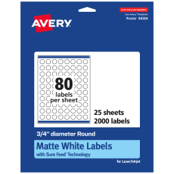 Avery® Permanent Labels With Sure Feed®, 94504-WMP25, Round, 3/4" Diameter, White, Pack Of 2,000