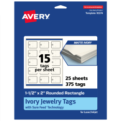 Avery® Print-To-The-Edge Jewelry Tags With Sure Feed® Technology, 1-1/2"x2" Rectangle Rounded, Matte Ivory, Pack Of 375