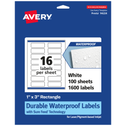 Avery® Waterproof Permanent Labels With Sure Feed®, 94224-WMF100, Rectangle, 1" x 3", White, Pack Of 1,600