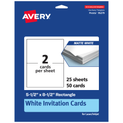 Avery® Printable Invitation Cards, 95279-MWC25, Rectangle, 5.5" x 8.5", Matte White, Pack Of 50