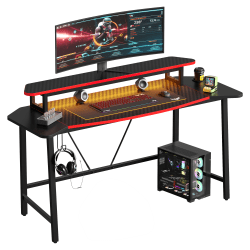 Bestier 63"W Gaming Desk With Aircraft Arc, LED Lights & Monitor Stand, Carbon Fiber Black