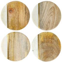 Laurie Gates Marble And Mango Wood Round Coaster Set, 4" x 1/2", White/Brown, Set Of 4 Coasters