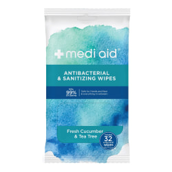 Mediaid® Sanitizing Wipes, Fresh Cucumber & Tea Tree Scent, Pack Of 32 Wipes