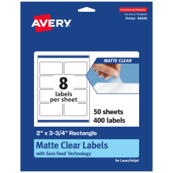 Avery® Permanent Labels With Sure Feed®, 94240-CMF50, Rectangle, 2" x 3-3/4", Matte Clear, Pack Of 400