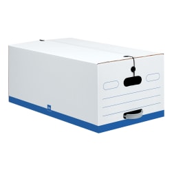 Office Depot® Brand Quick Set Up Standard-Duty Storage Boxes With String & Button Closures And Built-In Handles, Legal Size, 24" x 15" x 10", 60% Recycled, White/Blue, Pack Of 12