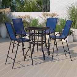 Flash Furniture Brazos 4-Person Glass-Table Outdoor Bistro Dining Set With All-Weather Patio Stools, Navy