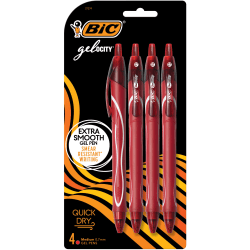 BIC Gel-ocity Quick-Dry Retractable Gel Pens, Medium Point, 0.7 mm, Red Barrel, Red Ink, Pack Of 4 Pens