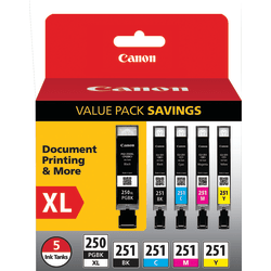 Canon PGI250XL Black; CLI-251 Black; Cyan; Magenta; Yellow High-Yield/Standard Yield Ink Tanks, Pack Of 5, 6432B011