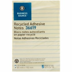 Business Source Yellow Adhesive Notes - 4" Flag/Notex 6" Flag/Note - Rectangle - Ruled - Yellow - Self-adhesive, Removable - Recycled - 5 / Pack