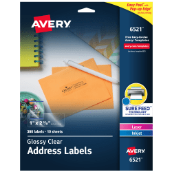 Avery® Glossy Permanent Labels, 6521, Mailing, 1" x 2 5/8", Clear, Pack Of 300