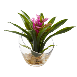 Nearly Natural Tropical Bromeliad 8"H Artificial Floral Arrangement With Angled Vase, 8"H x 6"W x 6"D, Purple