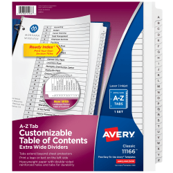 Avery® Extra-Wide A-Z Tab With Customizable Table of Contents Dividers For 3 Ring Binders, 9-1/4" x 11", 26 Tab, White, 1 Set