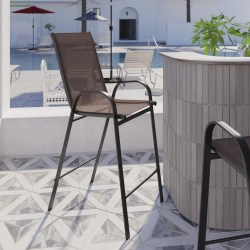Flash Furniture Brazos Series Flex Comfort Outdoor Barstools With Backs And Metal Frames, Brown/Black, Set Of 2 Barstools