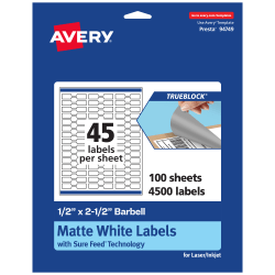 Avery® TrueBlock® Labels With Sure Feed®, 94749-TWMP100, Barbell, 1/2" x 2-1/2", Matte White, Pack Of 4500