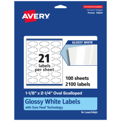 Avery® Glossy Permanent Labels With Sure Feed®, 94061-WGP100, Oval Scalloped, 1-1/8" x 2-1/4", White, Pack Of 2,100