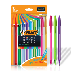 BIC Color Cues Pen Set, 10-Count Pack, Assorted Colors, Fun Color Pens for School Supplies, Includes BIC Cristal Xtra Smooth Ballpoint Pens