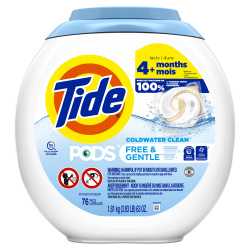 Tide PODS Liquid Laundry Detergent Pacs, Free & Gentle, 63 Oz, Pack Of 76 Pods