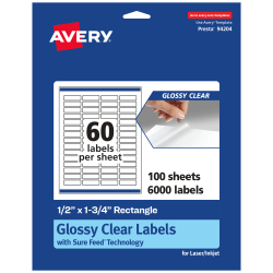 Avery® Glossy Permanent Labels With Sure Feed®, 94204-CGF100, Rectangle, 1/2" x 1-3/4", Clear, Pack Of 6,000