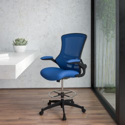 Flash Furniture Mid-Back Mesh Ergonomic Drafting Chair with Adjustable Foot Ring and Flip-Up Arms, Blue