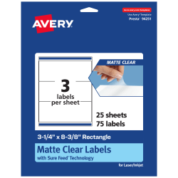 Avery® Permanent Labels With Sure Feed®, 94251-CMF25, Rectangle, 3-1/4" x 8-3/8", Matte Clear, Pack Of 75