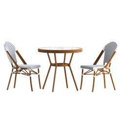 Flash Furniture Lourdes Indoor/Outdoor Commercial Bistro 31.5" Table, PE Rattan, Glass Top with 2 Stack Chairs, White & Navy Rattan/Natural Frame