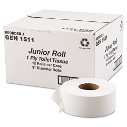 GEN JRT Jumbo Bath Tissue, Septic Safe, 1-Ply, White, 3.3 x 1,200 ft, 12 Rolls/Carton