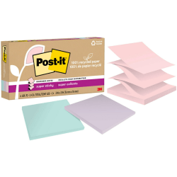 Post-it 100% Recycled Paper Super Sticky Pop-Up Notes, 420 Total Notes, Pack Of 6 Pads, 3" x 3", Wanderlust Pastels, 70 Notes Per Pad
