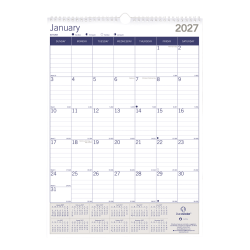 2027 Blueline DuraGlobe™ Monthly Wall Calendar, 12" x 17", Blue/White, January To December, C171203, Total Qty 1